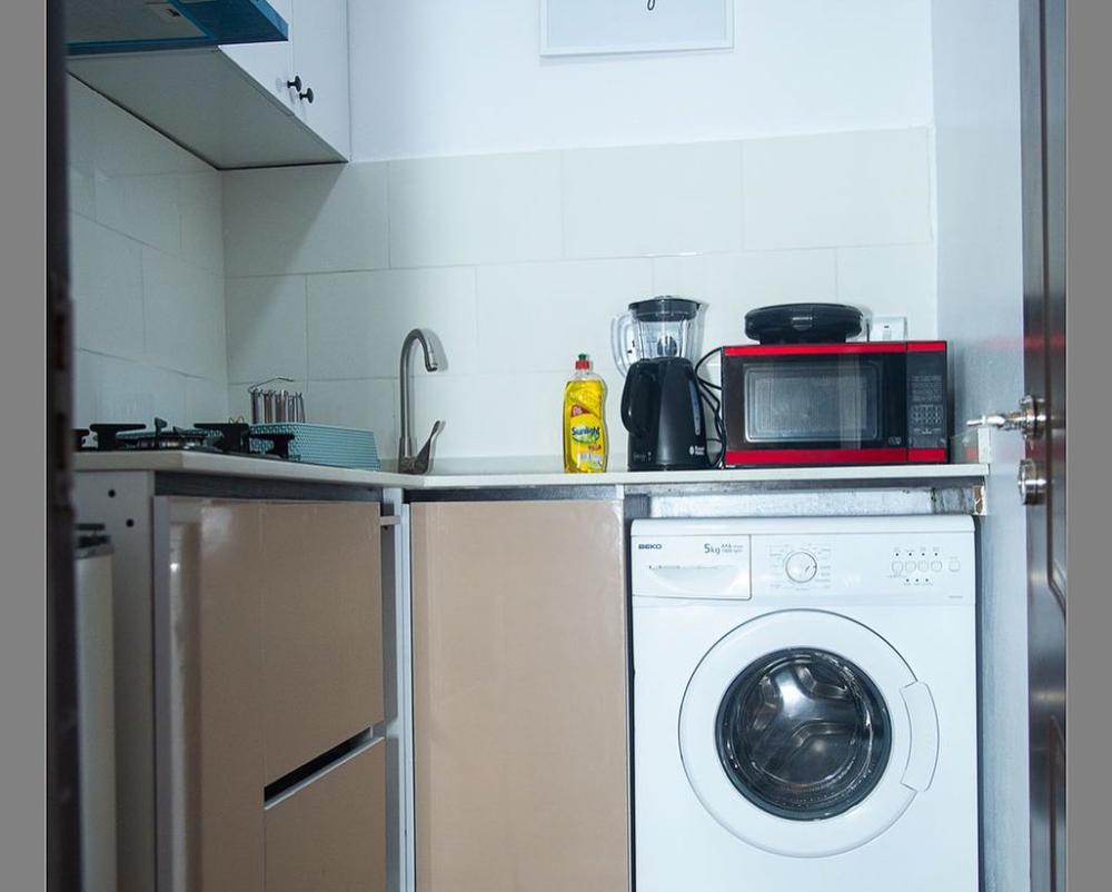 Kitchen equipped with washing machine and microwave