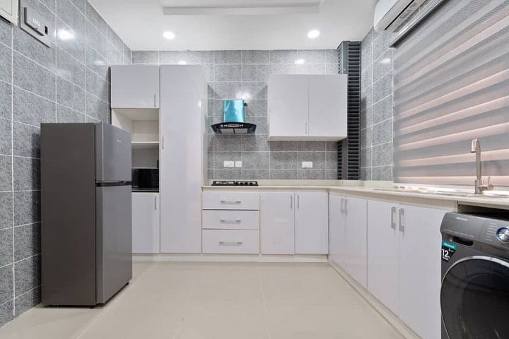 Kitchen equipped with fridge and washing machine