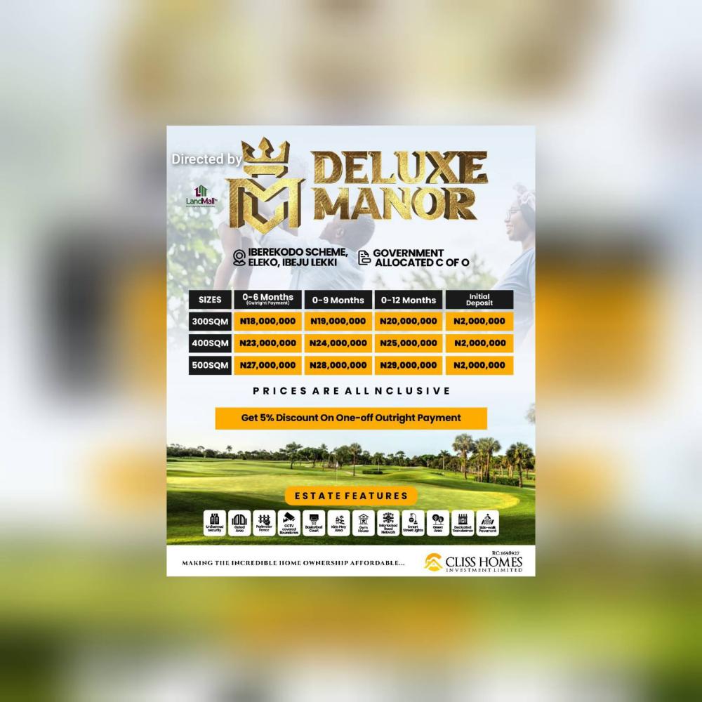Welcome to Deluxe Manor, a luxurious and exclusive residential estate located in the heart of Ibeju-Lekki, Lagos State