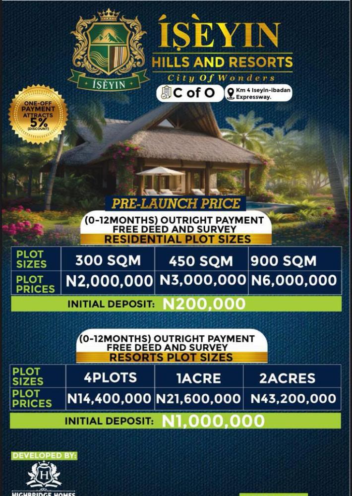 1800 SQM, 2700 SQM AND 5400 SQM DRY LAND AVAILABLE AND LOCATED AT KM 4, ISEYIN IBADAN EXPRESSWAY, OYO STATE.