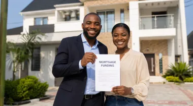 A couple standing infront of their mortgage acquired home