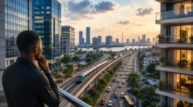 Man looking at he city view from his office