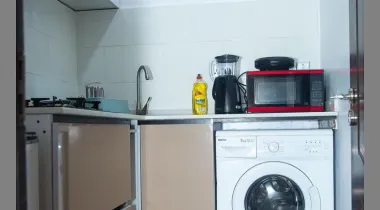 Kitchen equipped with washing machine and microwave