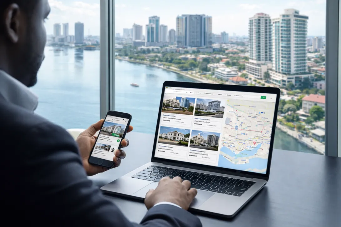 A man searching for properties online