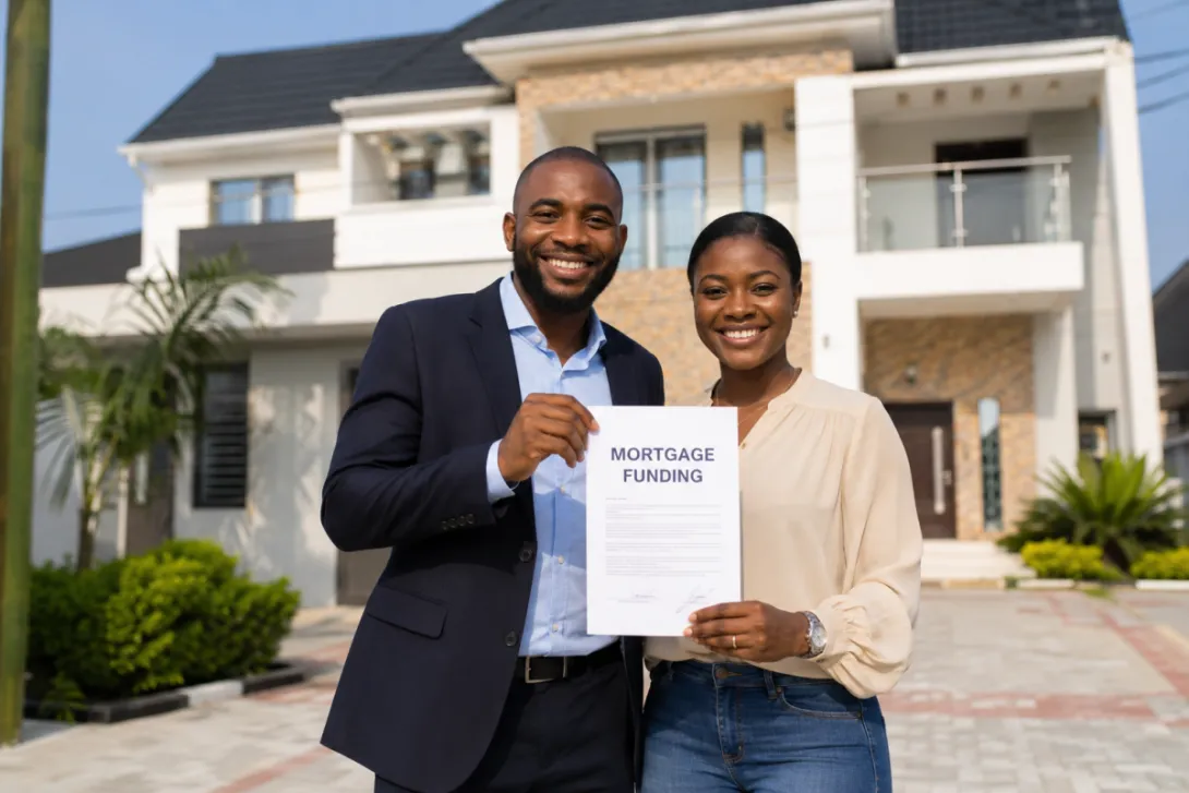 A couple standing infront of their mortgage acquired home